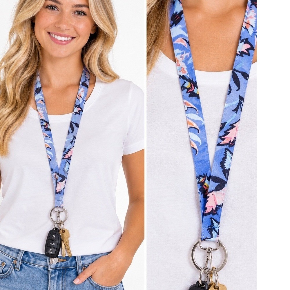 Vera Bradley Mural Garden Wide Lanyard Blue Floral ID Key Holder 28181-V78 NWT